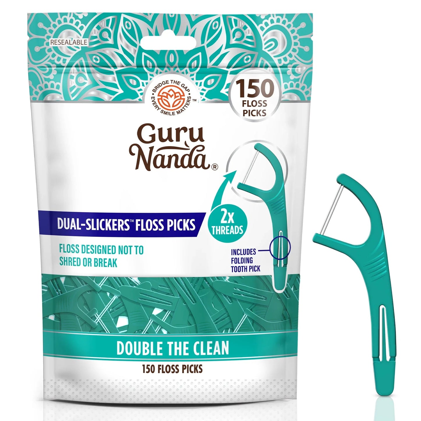 GuruNanda Dual-Slickers Floss Picks – 150 Count Non-Toxic Dental Floss for Travel & Home