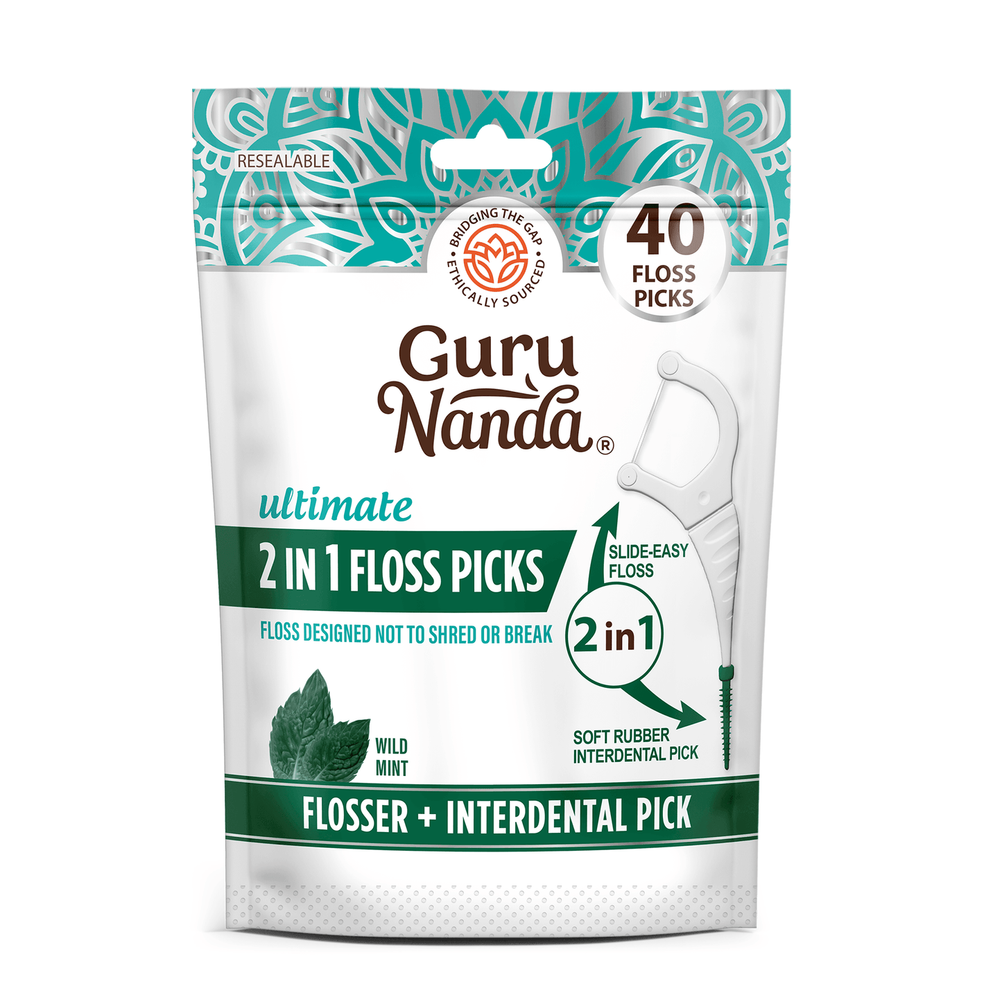 GuruNanda 2-in-1 Dental Floss Picks – Wild Mint, Shred-Resistant, 300 Count