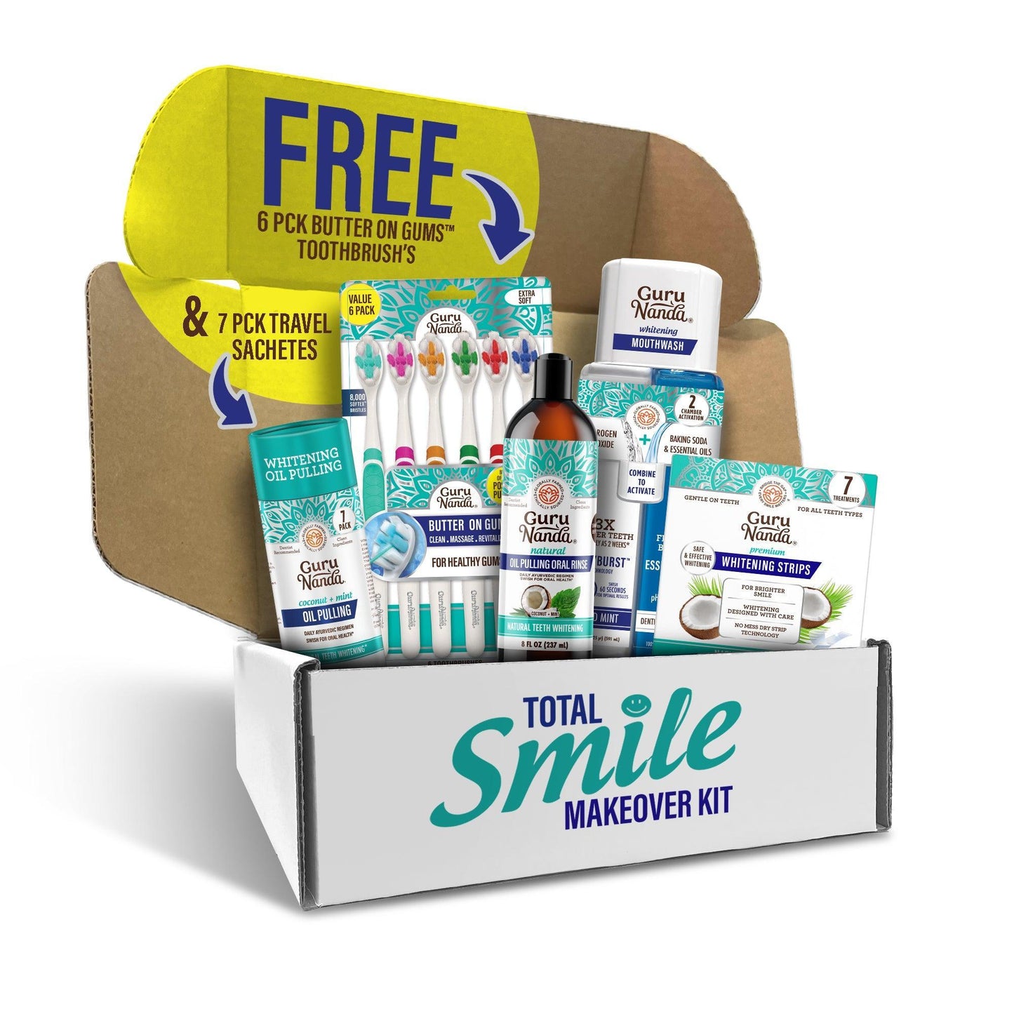 Total Smile Makeover Regular Kit - 8oz Cocomint Pulling Oil + Dual Barrel Mouthwash + Whitening Strips + 6 Pack Butter on Gums Toothbrush + 7 Oil Pulling Travel Sachets