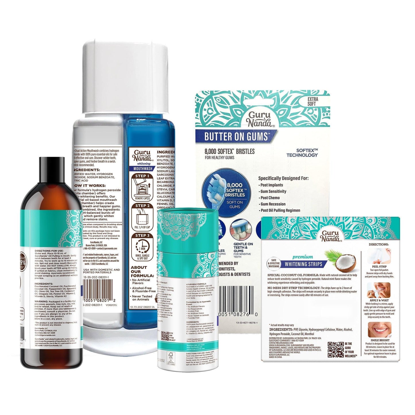 Total Smile Makeover Regular Kit - 8oz Cocomint Pulling Oil + Dual Barrel Mouthwash + Whitening Strips + 6 Pack Butter on Gums Toothbrush + 7 Oil Pulling Travel Sachets