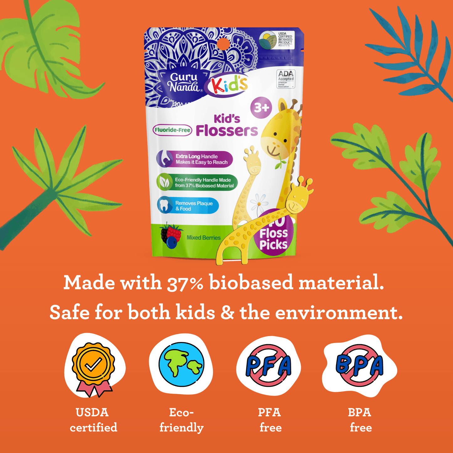 Kids' Giraffe Shaped Flossers, Fluoride -Free - 40 Pack
