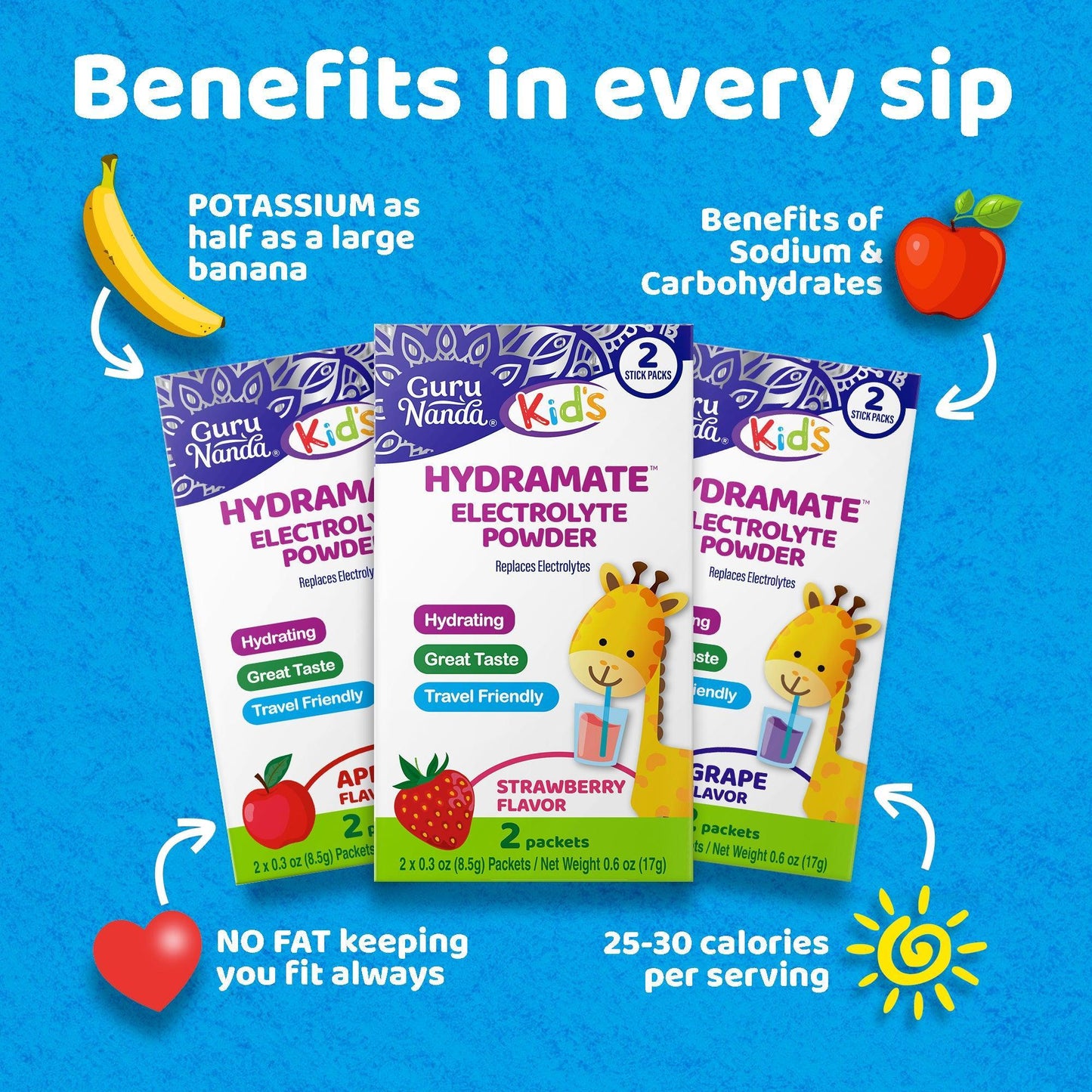 GuruNanda Kids Hydramate Hydration - Electrolyte Drink Mix - Various Flavor - 48 Count