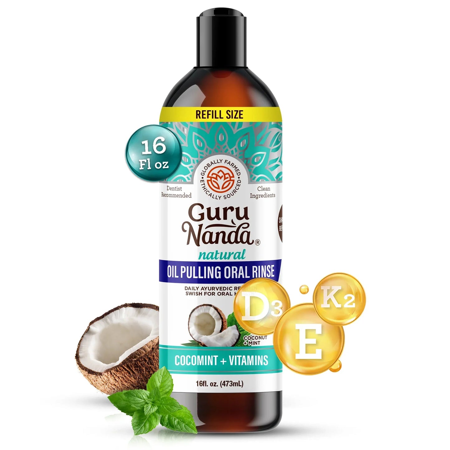 GuruNanda Cocomint Oil Pulling – 7 Essential Oils + Vitamins D3, E & K2 – 8 oz