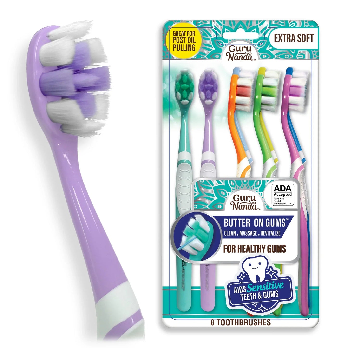 GuruNanda Butter on Gums Toothbrush – Extra Soft Bristles for Sensitive Teeth (8 Count)