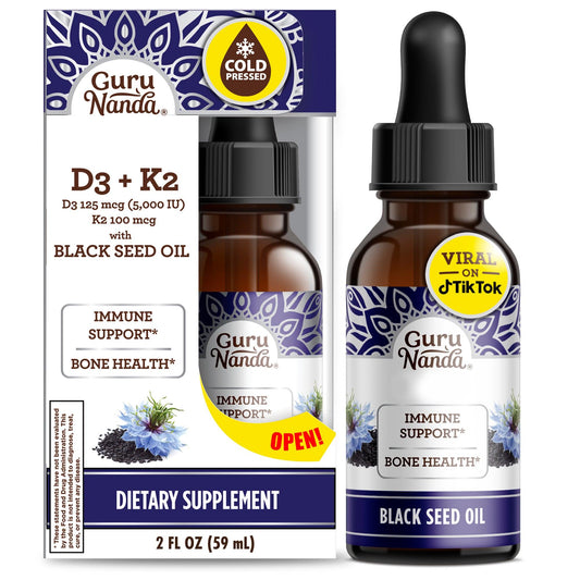 GuruNanda Natural Cold Pressed Black Seed Oil with Vitamin D3, K2 & E – 2 fl oz | Immune & Bone Support Supplement Made in USA