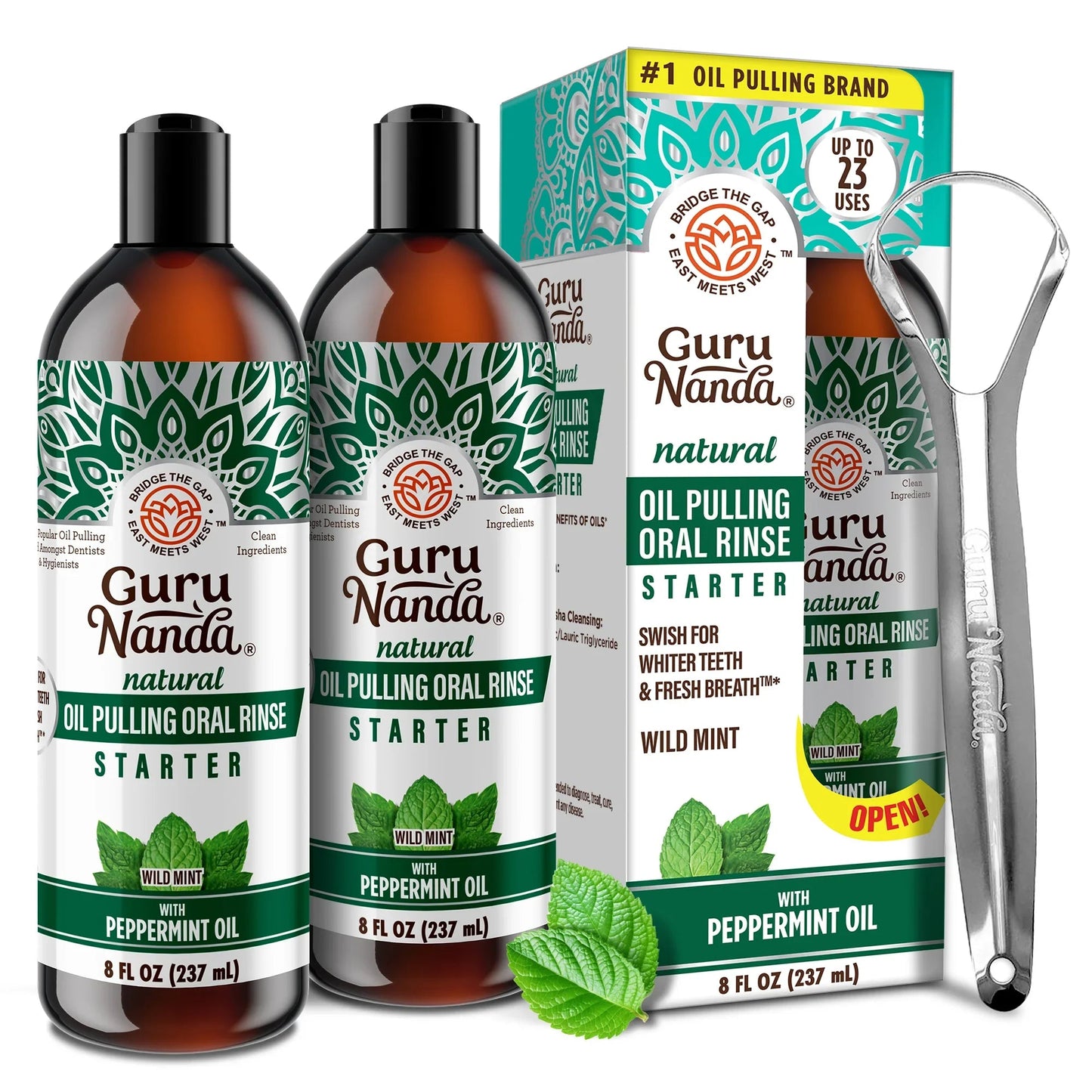 GuruNanda Whitening Oil Pulling – Coconut & Peppermint, 8oz with Tongue Scraper