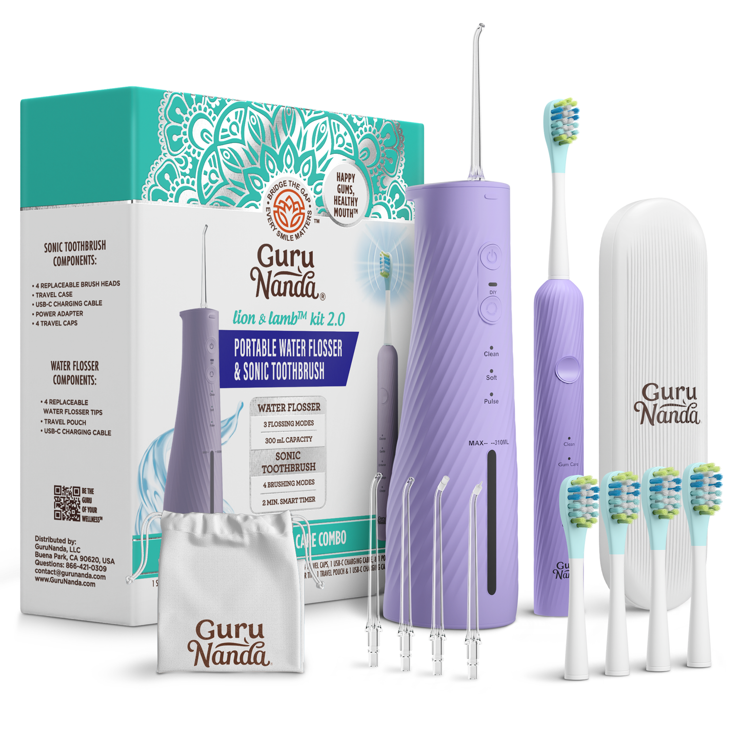 GuruNanda Lion & Lamb 2.0 – Lavender Sonic Toothbrush & Water Flosser Kit
