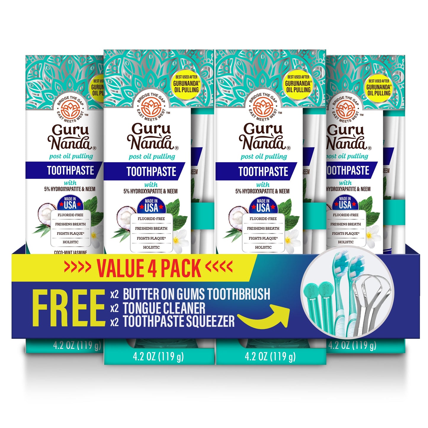 GuruNanda Fluoride-Free Whitening Toothpaste – 4 Pack with Hydroxyapatite