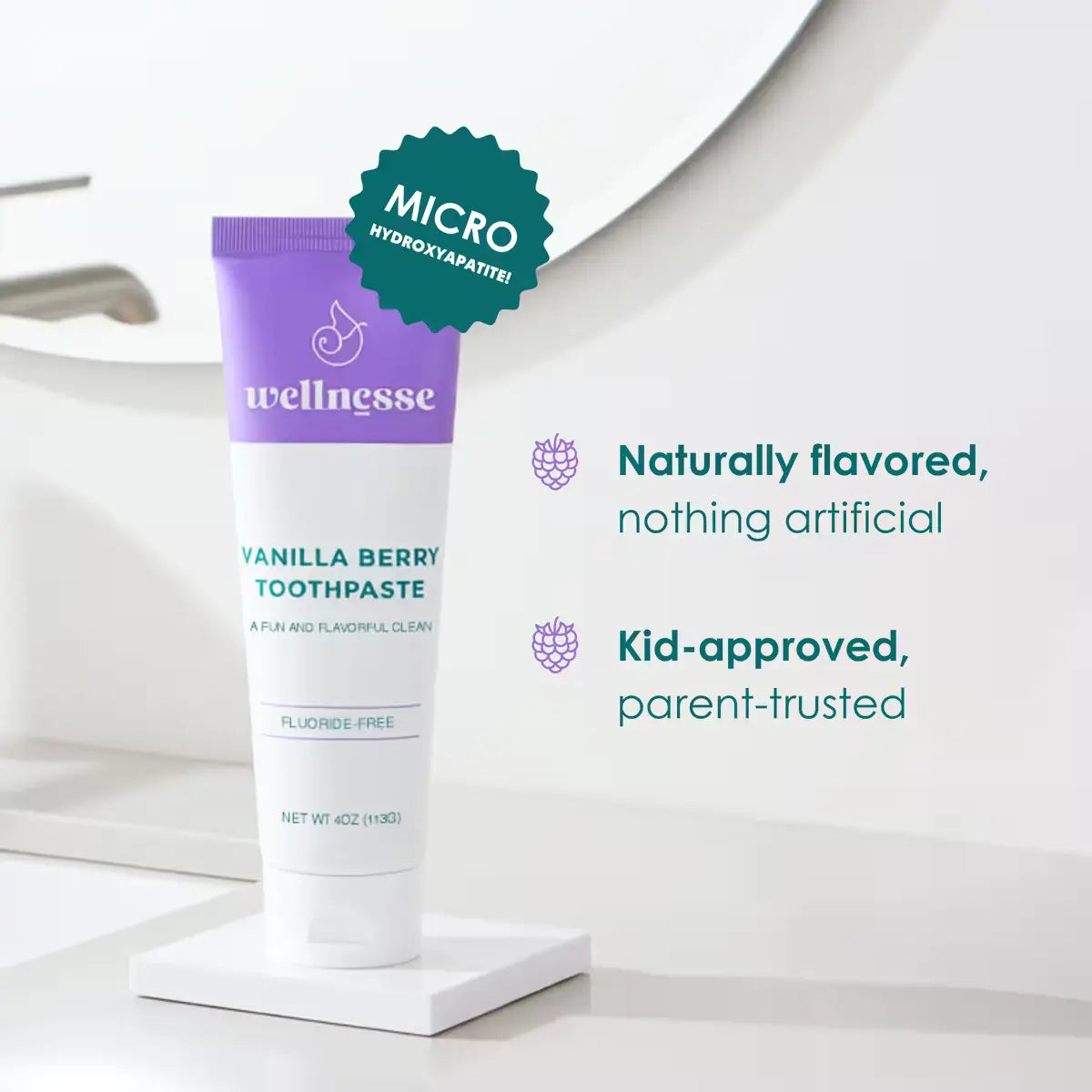 Wellnesse Vanilla Berry Toothpaste – Fluoride-Free Natural Toothpaste with Hydroxyapatite for Enamel Strength + Fresh Breath